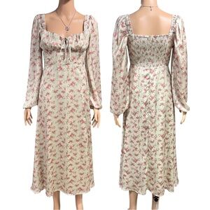 Altar’d State | Satin Milkmaid Green Floral Long Sleeve Midi Dress w/ Side Slit